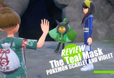 Ogerpon, the protagonist, and Carmine in Pokemon The Teal Mask DLC with review image text