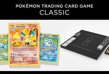 A promotional image of the Pokemon TCG Classic, featuring a black box, and base set versions of the Charizard, Blastoise, and Venasuar cards.