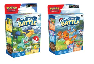 Box art of the Pokemon TCG My First Battle starter sets, complete with artwork of Bulbasaur, Pikachu, Charmander, Squirtle, Oddish, Poliwhirl, Vulpix, and Voltorb, on a white background.