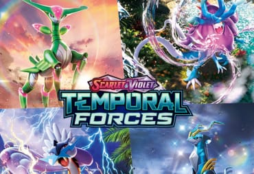 A promotional image of Pokemon TCG Scarlet & Violet Temporal Forces, showing four Legendary Pokemon in the background.