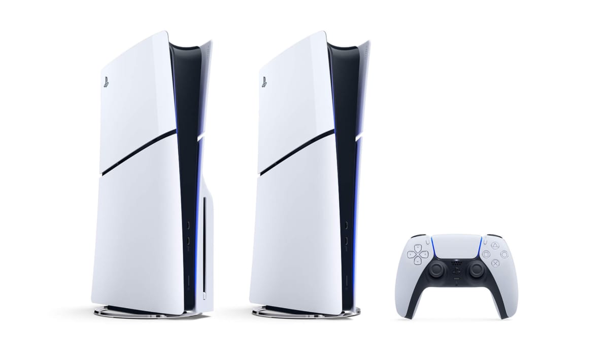 The new PS5 slim models with a DualSense beside them to represent the PS5 system software beta