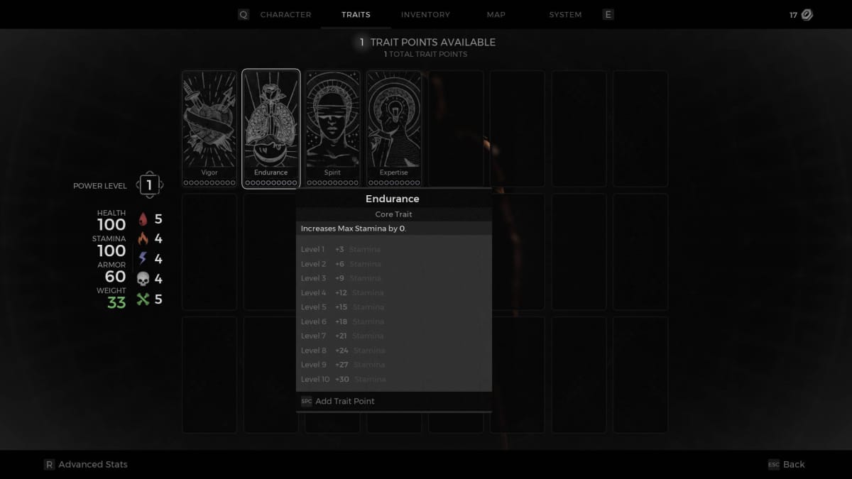Remnant 2 Starter Guide - Trait Menu Endurance Trait Highlighted