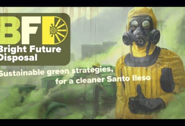 Bright Future Disposal billboard with yellow hazmat suited figure