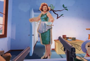 The player aiming a gun at a cardboard cutout of a woman holding a bowl in Samurai Punk's satirical game The American Dream