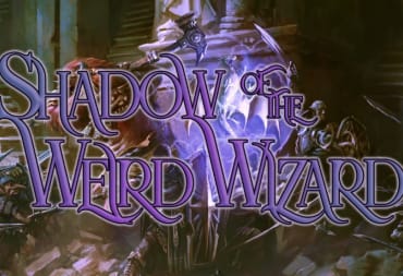 The title of Shadow of the Weird Wizard in purple text, overlayed over a group of adventurers in a dungeon.