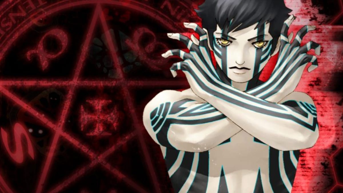 Official artwork for the Fiend from Shin Megami Tensei III: Nocturne on a stylized red and black background.