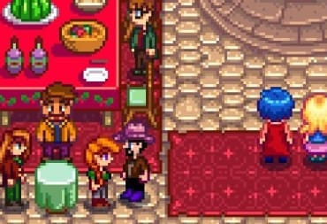 Stardew Valley screenshot sohwing a pixel-art characters standing around a plaza area decorated with red carpets and fancy-looking tables laden with food. 