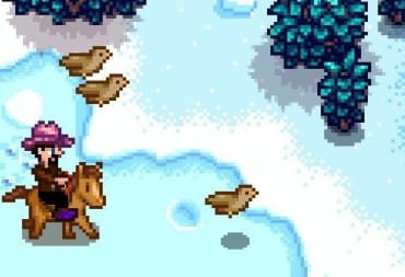 Stardew Valley screenshot showing a pixel-art farmer riding a horse in a snowy landscape with various animals running aronud the background. 