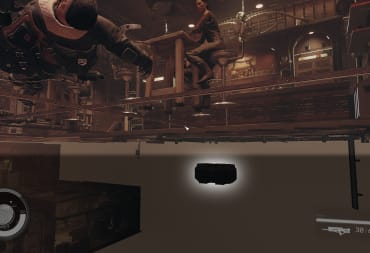 starfield screenshot with the camera half sunk into the floor showing a hidden chest and several bar patrons floating above