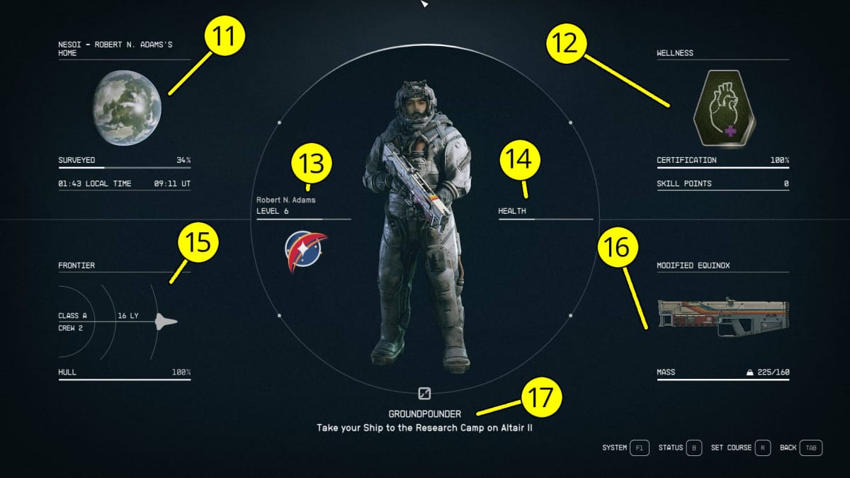 Starfield Starter Guide - HUD Explanation Inventory Screen Level 6 Character on Nesoi Holding Modified Equinox Rifle