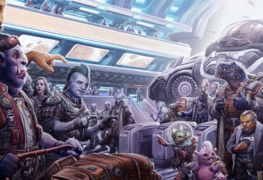 Artwork from Starfinder, featuring multiple alien creatures including goblins, skittermanders, elves, and dwarves