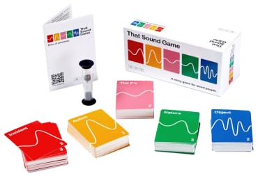 Cards and game pieces for That Sound Game on a white background