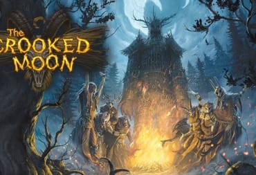 The title for The Crooked Moon, an ominous wooden effigy is being burned in the background.