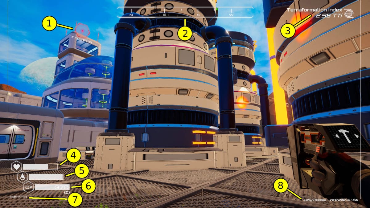 The Planet Crafter Starter Guide - HUD Explanation Looking at a Heater T5 on a Platform