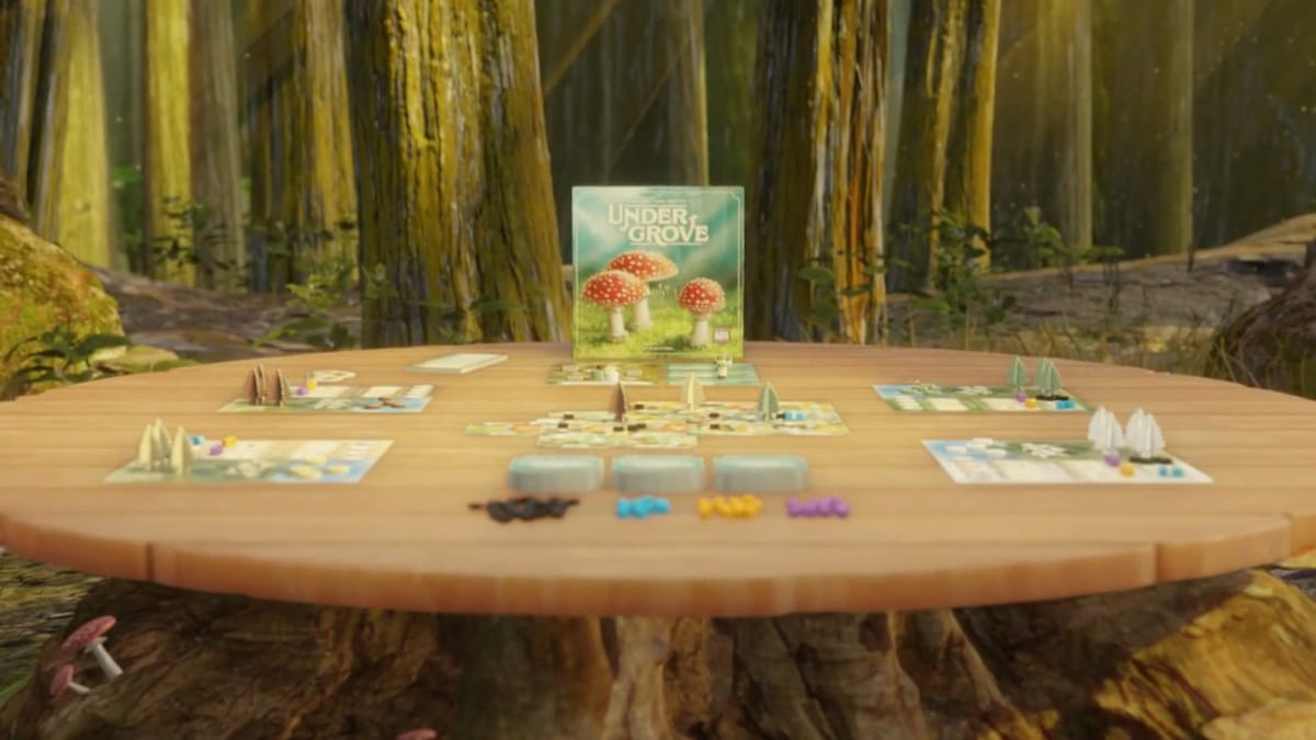 A promotional image for the Undergrove Kickstarter, showing the boardgame on an overgrown mushroom table.