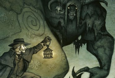 Cover artwork of the TTRPG Vaesen, showing an investigator in a coat, wielding a lantern and a handgun, a horned monster can be seen in silhouette.