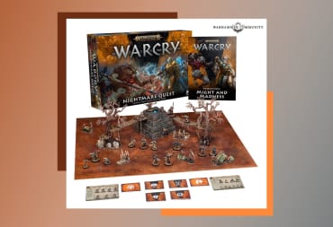 An image of the box contents of Warcry Nightmare Quest, including the box, a game board, and miniatures