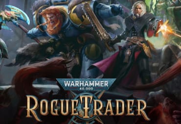 Warhammer 40,000 Rouge Trader Key Art showing the title and two characters in bulky armor rearing weapons. 