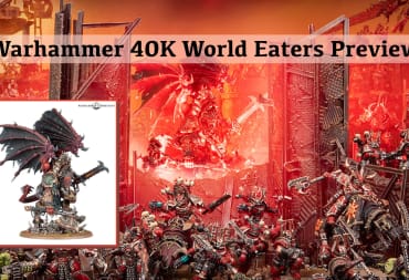 An image of the Warhammer 40K World Eaters Army led by their leader Angron, a huge red devil-like creature