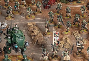 An image of painted models in the Astra Militarum Army for Warhammer 40k, depicting soldiers with lasguns in green and beige