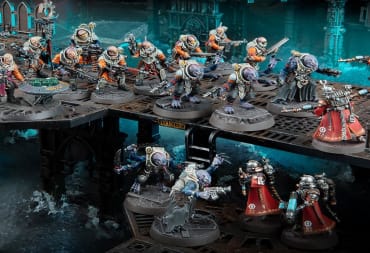 A screenshot of two armies of miniatures on a bridge from Warhammer 40k 10th Edition