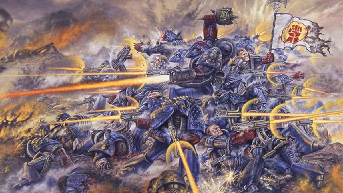 Classic artwork from Warhammer 40k, showing a group of Space Marines pinned down in a firefight.