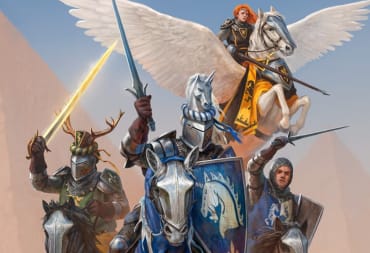 Cover artwork for Lords of the Lance, a Warhammer: The Old World novel, showing a band of armored knights in a desert.