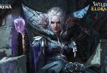 Eritte of the Charmed Apple sitting, holding her cursed apple with the owrds Magic: The Gathering Arena in the top left and Wilds of Eldraine in the top right