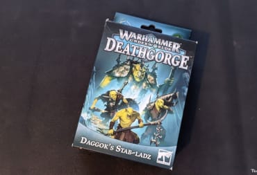 The box for Warhammer Underworlds Deathgorge Daggok's Stab-Ladz Warband against a black background